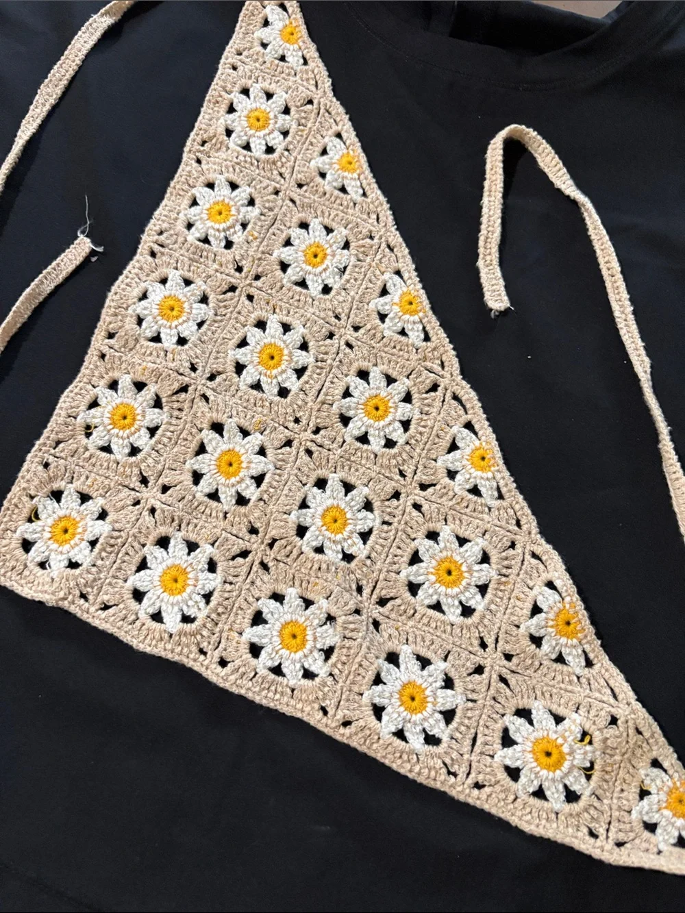 Handmade Crocheted Daisy Triangle bandana in Beige, White & Yellow